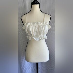 Women’s H&M ruffled hem linen blend crop top with open back size XS‎ NWT
